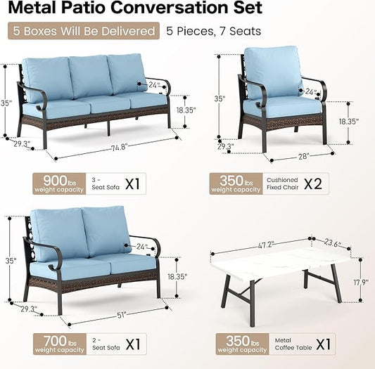 5 Piece Metal Outdoor Patio Furniture Set, Patio Conversation Sets 1 3-Seater Sofa, 2-Seater Sofa, 2 Fixed Sofa with 5.75" Thick Cushion & Coffee Table Black Backyard Furniture, Blue