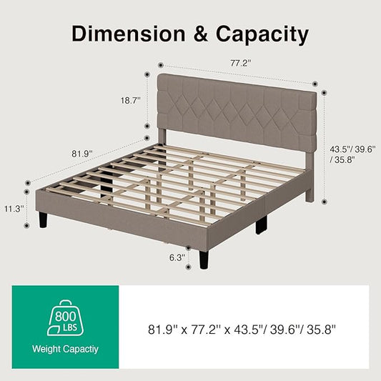 Novilla King Size Bed Frame, King Bed Frame and Headboard, Linen Upholstered Pull-Point Bed Frames, No Box Spring Needed, Heavy Duty Feet, Easy Assembly, Beige