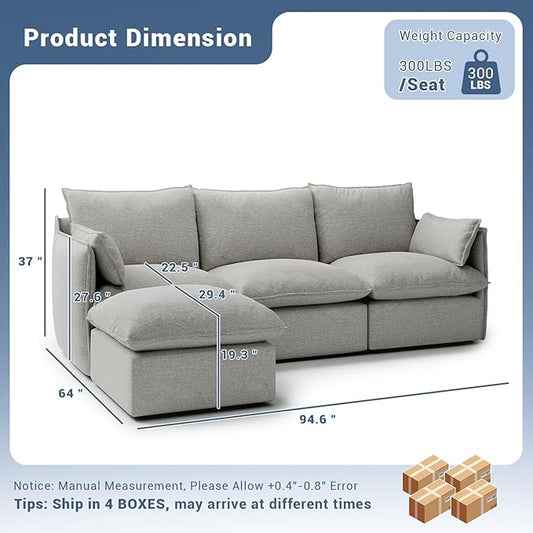94.6" Cloud Modular Sectional Sofa, Waterproof Down Filled Sectional Sofas, High Backrest L Shaped 3 Seater Sectional Couches with Ottoman, Modular Couch with Removable Cover, Light Gray