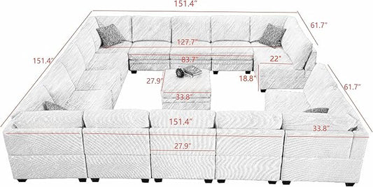 Wanderwell Oversized Modular Sectional Sofa, 16-Seater U Shaped Couches with Movable Ottoman,Corduroy Sectional Couch with Wide and Deep Seats Suitable for Living Room,Bedroom,Apartment (Cream, U-16)