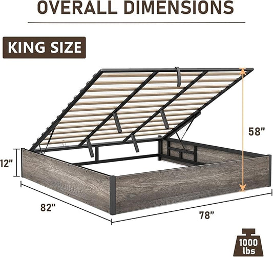 Lift Up Storage Bed Frame, King Size Wooden Platform Bed with Large Storage Underneath, No Box Spring Needed, Noise Free, Rustic Grey