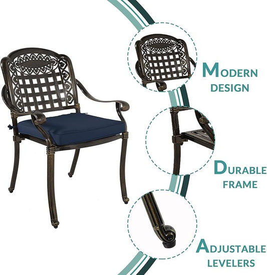 MEETWARM 9-Piece Outdoor Furniture Dining Set, All Weather Cast Aluminum Patio Garden Set with 8 Chairs, 8 Cushions, 1 Oval Table, 2" Umbrella Hole, Dark Bronze, Navy Blue
