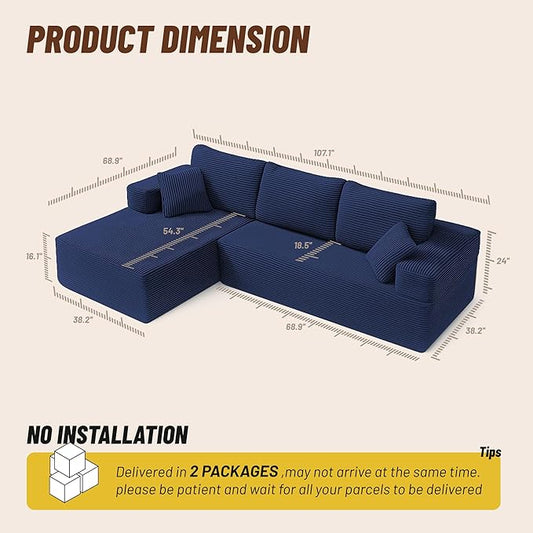 107" Boneless Couch with Deep Seat, Modular Sectional Sofa, Cloud Sectional Couch for Living Room, No Assembly Required, Corduroy, L-Shape Left,Blue