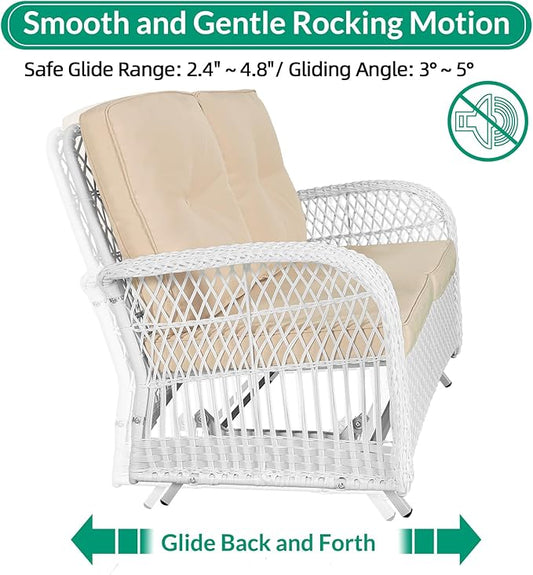 VIVIJASON 4-Piece Outdoor Patio White Wicker Conversation Sets, All Weather Rattan Furniture Set Includes Glider Loveseat, Coffee Table, 2 Glider Rocker Chairs w/Cushion for Lawn Balcony, Beige