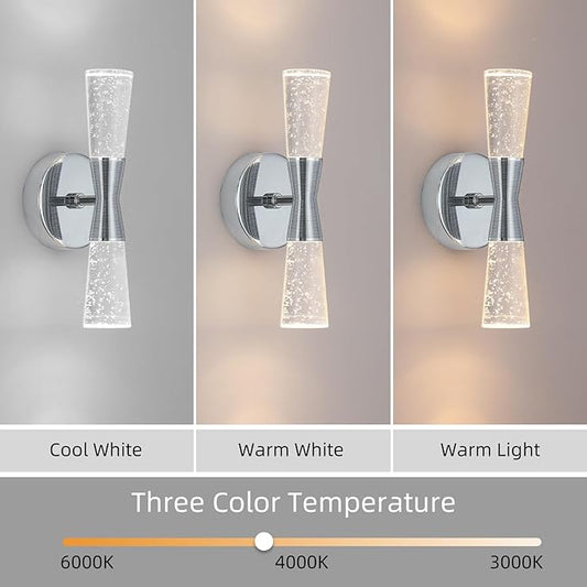 JoollySun Crystal Wall Sconces Indoor: Dimmable 3-Color (3000K-6000K) LED Bathroom Lighting for Hallway Bedroom