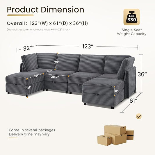 KKL Modular Sectional Sofa U-Shaped 6 Seater Couch with Storage Ottoman, Convertible L-Shaped Plush Wide-Wale Corduroy Couch for Living Room, Apartment, Modern Design, Gray