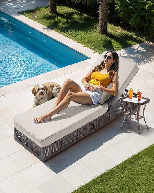 Luxury Outdoor Chaise Lounge Chairs of 2 with 5 Inch Thick Cushions and Side Table - 3 PCS High Back Brown Wicker Rattan Patio Recliners Lounger Furniture Set for Poolside Sunbathing - Beige