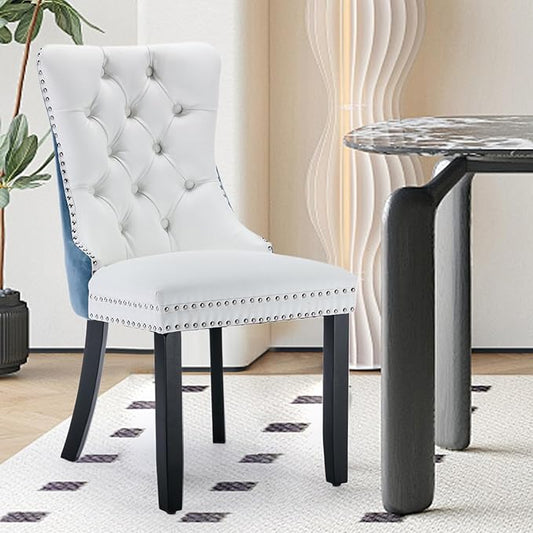 Leather Upholstered Dining Chairs Set of 2, Modern Style Kitchen Side Chairs with Nailhead Trim and Wood Leg, Metal Pulling Ring for Dining Room Living Room(White&Blue,Set of 2)