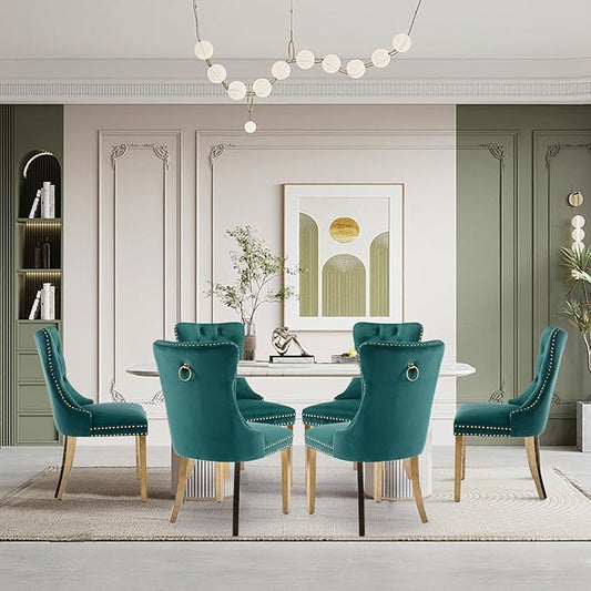 Velvet Upholstered Dining Chairs Set of 6, Modern Style Kitchen Side Chairs with Nailhead Trim and Gold Plated Leg, Metal Pulling Ring for Dining Room Living Room(Green,Set of 6)