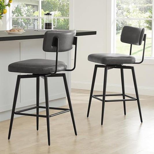 Watson & Whitely Swivel Counter Height Bar Stool Chairs Set of 2, 27.4" Faux Leather Upholstered Counter Stools with Back and Metal Frame, Grey