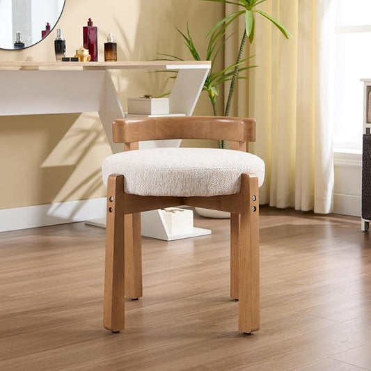 Modern Vanity Chair Upholstered Small Ottoman Footstool, Make Up Stool Chenille Fabric with Backrest Wooden Frame for Living Room Bedrooms, 2PCS, Beige