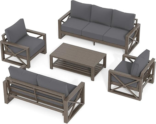 UDPATIO 5 Piece Aluminum Patio Furniture Set Faux Wood Grain Modern Outdoor Furniture Set with 6" Olefin Fabric Cushions and Coffee Table, 600D Waterproof Cover Included, Dark Grey