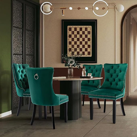 Velvet Upholstered Dining Chairs Set of 4, Modern Style Kitchen Side Chairs with Nailhead Trim and Wood Legs,Metal Pulling Ring for Dining Room Living Room(Green)