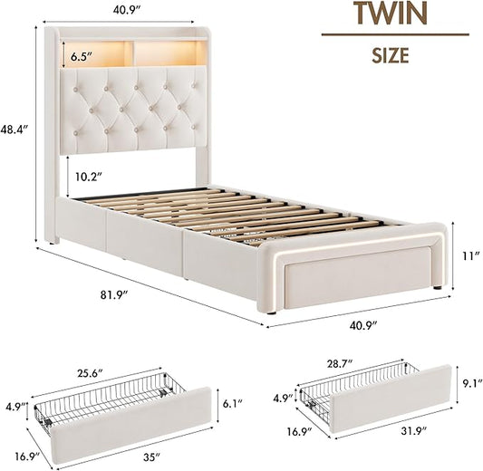 Twin LED Bed Frame with Storage Headboard & Charging Station, Velvet Fabric Platform Bed Frames with 3 Drawers, Button Tufted Upholstered, No Box Spring Needed, Beige