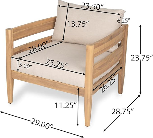 Christopher Knight Home Annie Acacia Wood Outdoor Chairs Set of 2, Patio Lounge Chair Outdoor with Slatted Back, Accent Chair with Cushions, Stylish Armchair for Balcony/Garden, Beige + Light Teak