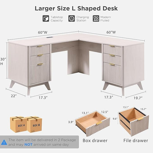 T4TREAM 60" Fluted Executive L Shaped Desk, Modern Home Office Desk with Charging Station and File Drawer, Computer Corner Desks with Drawers & Storage Cabinet for Office Home, Bedroom, Alder White
