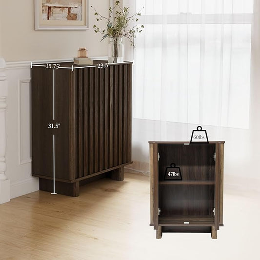 Walnut Storage Cabinet Set, Freestanding Floor Cabinet 23.6” Farmhouse Sideboard with 2 Fluted Doors Wooden Buffet Cabinet Media Console Table Credenza for Living Room Dining Room Hallway, Singe