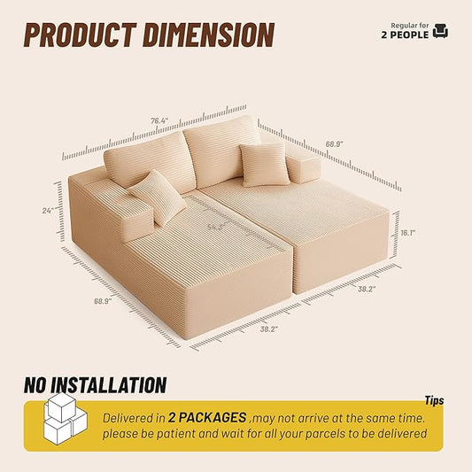Chaise Lounge Chair, Boneless Couch for Living Room and Bedroom, Sleeper Couches Reading Chairs, Corduroy, Camel
