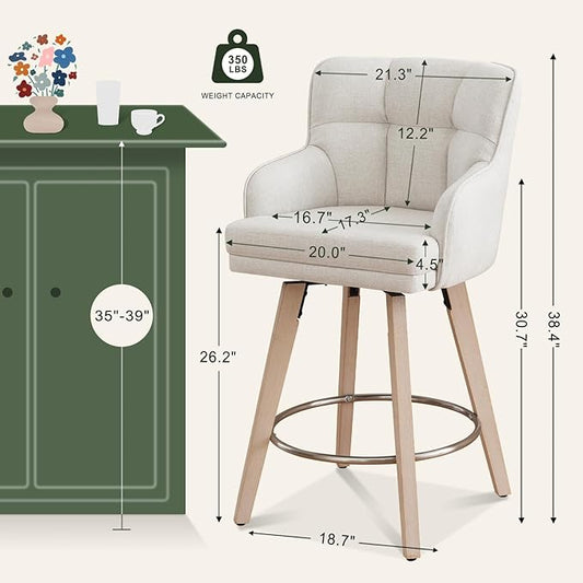 360°Swivel Counter Height Bar Stools with Back, 26 inch Solid Wood Legs, Bar Stool Modern Kitchen Island Chairs, Fabric (Beige- Fabric, 26" H- Set of 2)