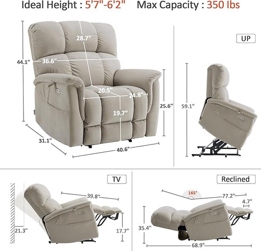 MCombo Large-Wide Dual Motor Power Lift Recliner Chair, Massage and Dual Heating for Elderly People, Infinite Position, Fabric R7166 (Beige)
