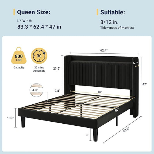 Allewie Queen Size Platform Bed Frame with USB Charging Station and Storage Shelf/Upholstered Velvet Wingback Headboard/Wooden Slats Support/No Box Spring Needed/Easy Assembly, Black