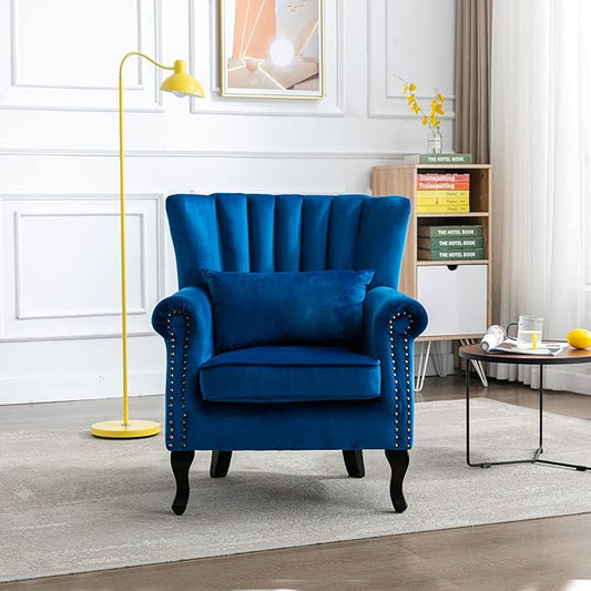 Accent Reading Arm Chairs Set of 2 Midcentury Modern Comfy Corner Sofa Chair, Wingback Waiting Room Club Chair with Tufted Back for Living Room/Bedroom/Reception Room, Velvet Blue