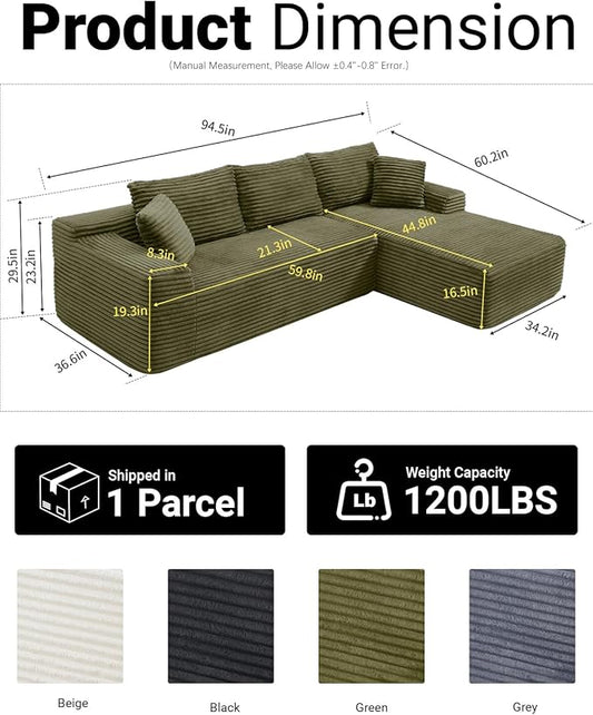 95 Inch Cloud Sectional Couch,Modular Sectional Sofa with Deep Seat,Modern Corduroy Boneless Couches with L-Shape Chaise for Living Room Bedroom,No Assembly Required (Green, Right Facing Chaise)