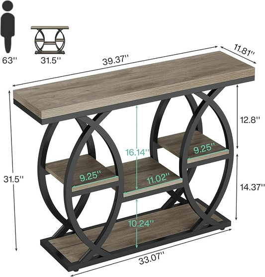 Tribesigns 39.4" Console Table, Industrial 4-Tier Sofa Table Entryway Table with Storage Shelves, Narrow Wood Accent Tables with Metal Frame for Small Spaces, Hallway, Foyer, Grey