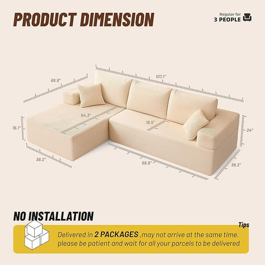 107" Boneless Couch with Deep Seat, Modular Sectional Sofa, Cloud Sectional Couch for Living Room, No Assembly Required, Corduroy, L-Shape Left,White