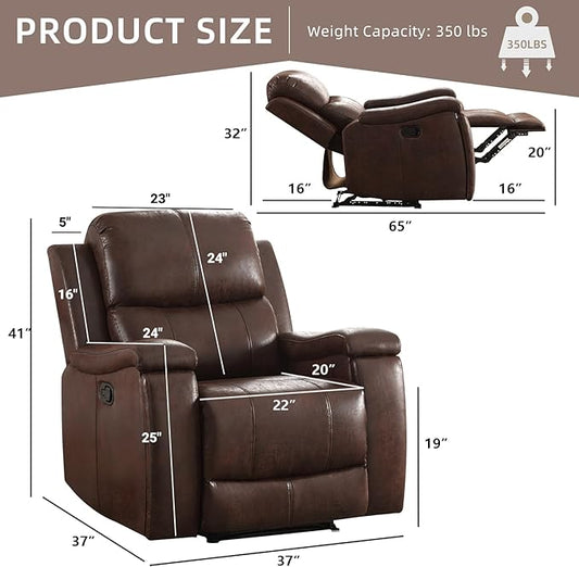 Leather Recliner Chair, Manual Recliner Chair for Adults with Overstuffed Arms and Back, Single Sofa Recliner with Cup Holders for Living Room (1, Red Brown)
