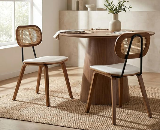 Mid-Century Dining Chairs Set of 2, PU Leather Kitchen Chairs with Rattan Backrest Wooden Legs Armless Design for Dining Room Living Room, Beige
