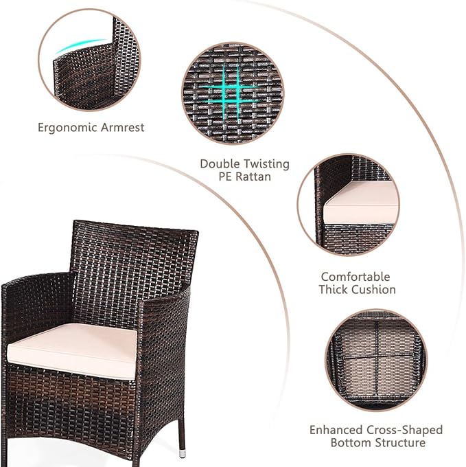 COSTWAY 3 PCS Patio Furniture Set, Outdoor Wicker Conversation Set with Tempered Glass Coffee Table, Seat Cushions, Rattan Wicker Chairs for Poolside Balcony Porch Backyard, Beige