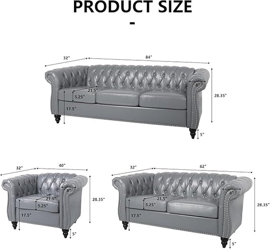 Loveseat Sofa Couch, Modern PU Leather Upholstered Sofa, Oversized Comfy 2 Seater Love Seat Couch with Cushions, Mid Century Tufted Chesterfield Sofa for Living Room, Bedroom, Apartment (Grey)
