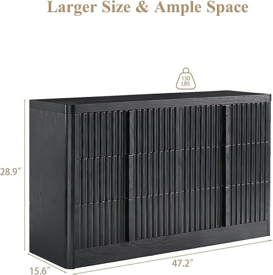 Black Fluted Dresser for Bedroom, 47" Wide 6 Drawer Dresser, Modern TV Stand Set, Curved Profile Design, Chest of Drawers with Solid Wood Handle for Living Room, Bedroom, Hallway
