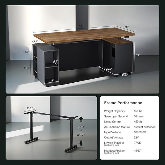 Home Office Furniture Set, 71" Electric Standing Desk with 2 Wide File Cabinet, AC/USB, Mobile File Cabinet with Lockable Wheels, Furniture Set with Multiple Functions,Black Walnut