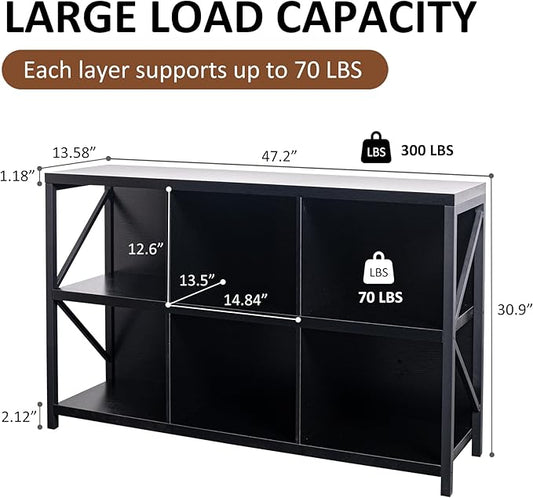 6 Cube Storage Organizer Bookshelf, Industrial Horizontal Bookcase, Accent Cubby Shelf, Media Console Table for Living Room, Home Office, 13.6" D x 47.2" W x 30.9" H, Black