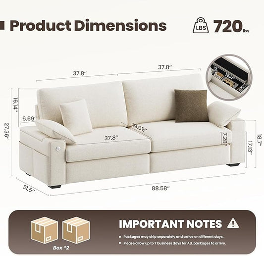 89" Loveseat Sofa, Cloud Foam Couch, 3 Seater Upholstered Midcentury Mondern Love Seat with USB Type C Ports, 4 Pillows and Flip-Open Storage Armrest for Living Room/Small Spaces, Beige