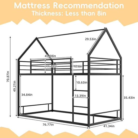 Bunk Bed Twin Over Twin, House Bunk Bed Frame with Ladder and Guardrail, House Shaped Bunk Bed Frame with Metal Slats for Girls Boys, Space Saving, No Box Spring Needed (Black)