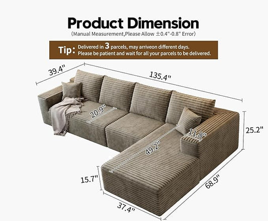 135.4" Cloud Modular Sectional Sofa Couch with L-Shape Chaise,Modern Minimalist Upholstered Couches for Living Room Bedroom,Deep Seat Corner Couch,No Assembly Required (Camel,Right Facing Chaise)