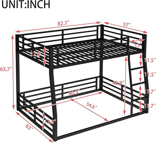 Full XL Over Queen Bunk Bed Frame with Noise Reduced Design, Heavy Buty Floor Bunk Bed Full XL Over Queen Bunk Beds with Build in Ladder for Adults, Teens(Black Floor Bunk Bed)