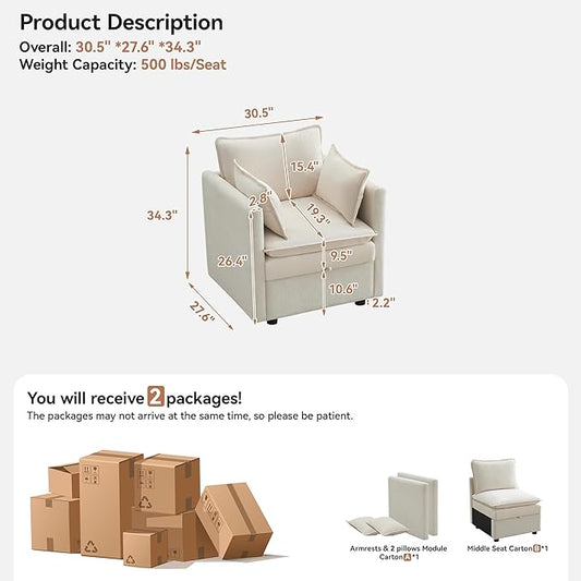 30" Cloud Modular Single Sofa Chair with Storage, Modern Upholstered Accent Chair Deep Seat, Chenille Reading Lounge Armchair for Living Room, Bedroom, Small Space, Beige