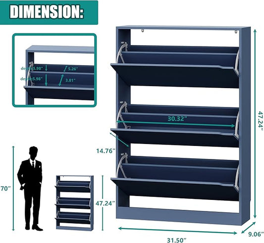 Shoe Storage Cabinet for Entryway with 3 Flip Drawers, Sturdy Wood Hidden Shoe Storage, Freestanding Narrow Slim Shoe Organizer for Front Door Entrance, Living Room, Hallway, Bedroom, Blue