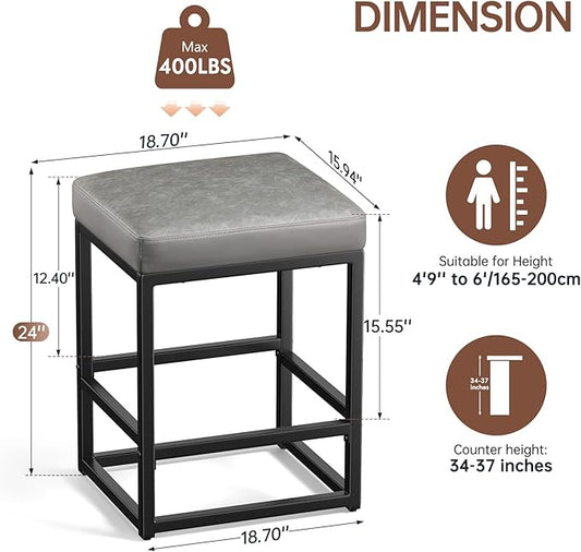 Counter Height Bar Stools Set of 3, 24" Barstools for Kitchen Countertop, Faux Leather Counter Stools with Thick Square Seats & Sturdy Metal Base, Simple Assembly, Gray