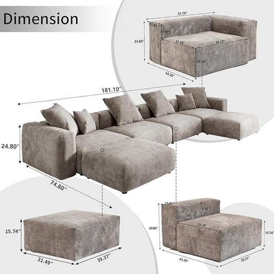 WJShome Cloud Couch Modular Sectional Sofa,181.1inch U Shaped Couch,Oversized Corduroy Couches with Ottoman and 6 Pillows,Brown 6 Seater,Cushion Covers Removable& Washable