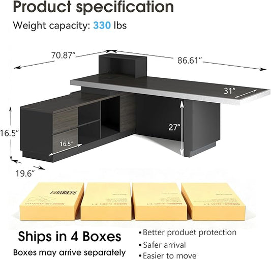 SAINTCY 86" Executive Desk with Drawers - L Shaped Desk with File Cabinet, Black Executive Office Desks with LED Light, Home Office Desk,2.6" Thickened Desktop