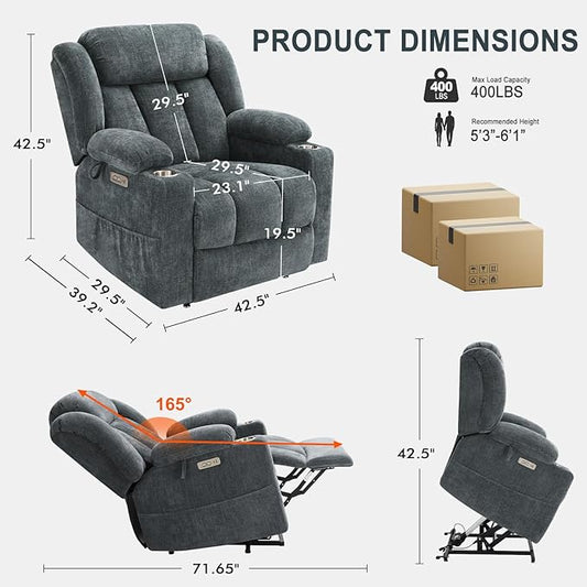 Large Power Lift Recliner Chair, Heavy Duty Steel Mechanism Chenille Fabric High-Density Sponge, USB & Type-C Port Standing Assistance Blue Reclining Chair with Massage and Heat