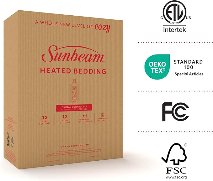 Sunbeam Electric Heated Mattress Pad Soft Cozy Fabric Fast Heating 12 Heat Settings 12-Hour Auto Shut-Off Deep Pocket Skirt Machine Washable Full 75" x 54"