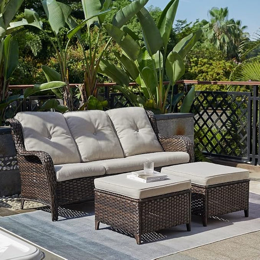 HUMMUH 5 Pieces Outdoor Furniture Set Patio Furniture Wicker Outdoor Sectional Sofa with Swivel Rocker Chairs,Outdoor Ottomans for Patio