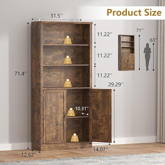 72'' Tall Bookcase with Doors, Adjustable Shelves, P2 MDF Construction, 32'' Wide Freestanding Cabinet with Metal Handles, Hidden Storage for Living Room, Bedroom, Brown
