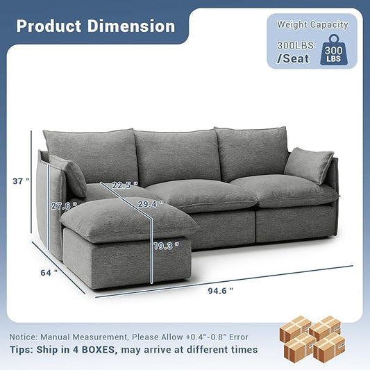 94.6" Cloud Modular Sectional Sofa, Waterproof Down Filled Sectional Sofas, High Backrest L Shaped 3 Seater Sectional Couches with Ottoman, Modular Couch with Removable Cover, Dark Gray